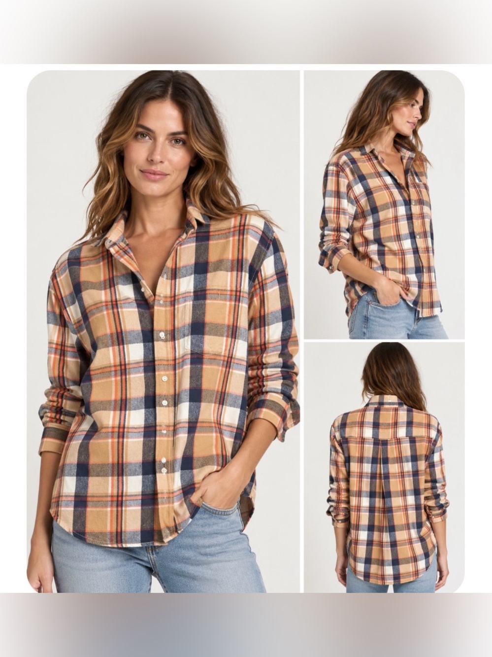 Frank & Eileen Eileen Italian Flannel in Camel and Navy with Orange Plaid